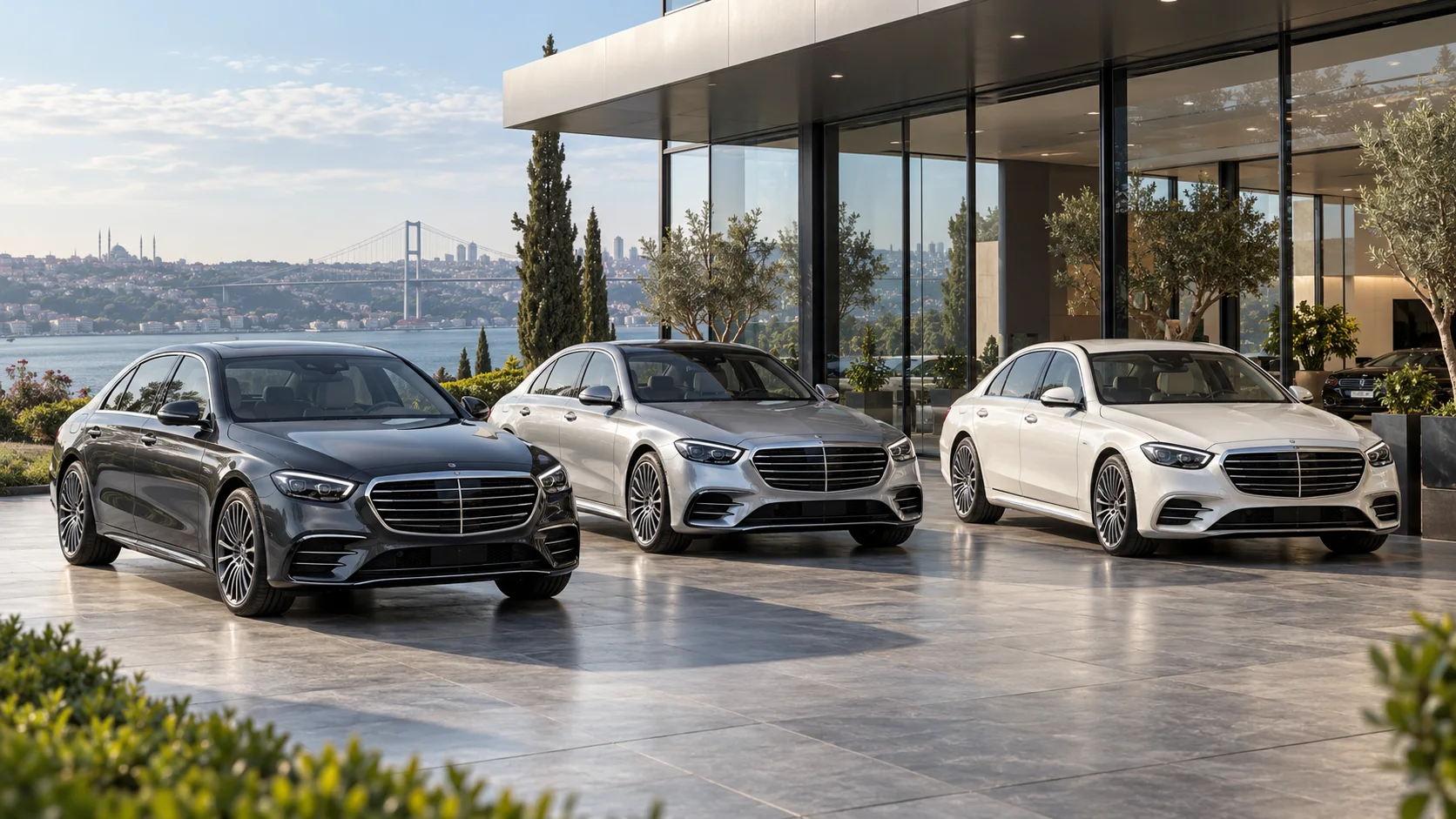 Modern showroom önünde sergilenen premium otomobiller