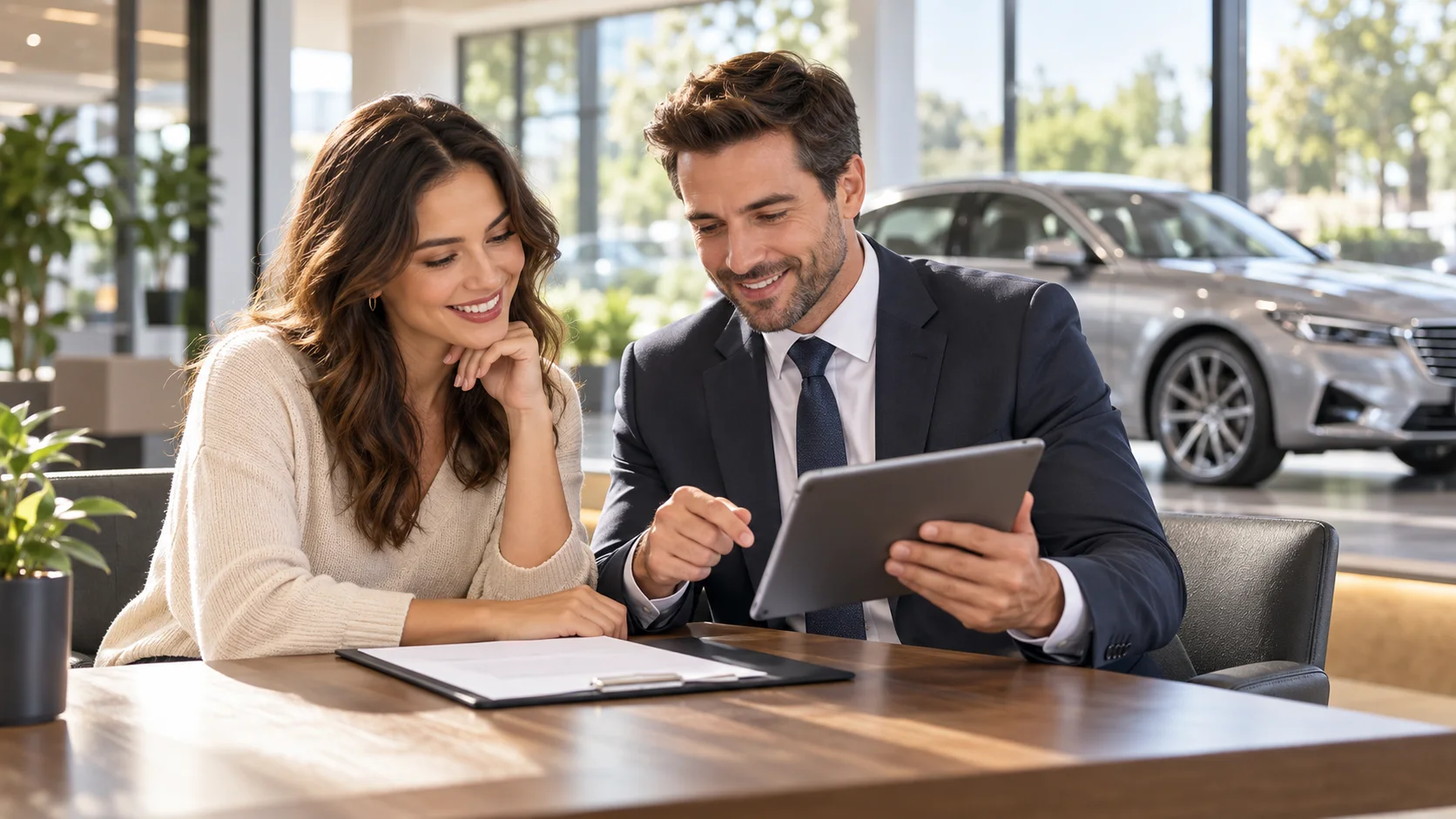 Showroomda ödeme planını danışmanıyla inceleyen müşteri
