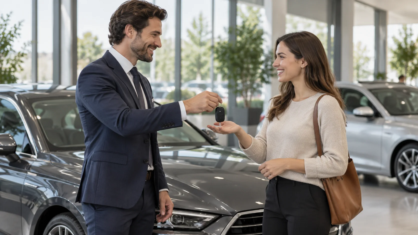 Showroom danışmanından yeni otomobilinin anahtarını alan müşteri