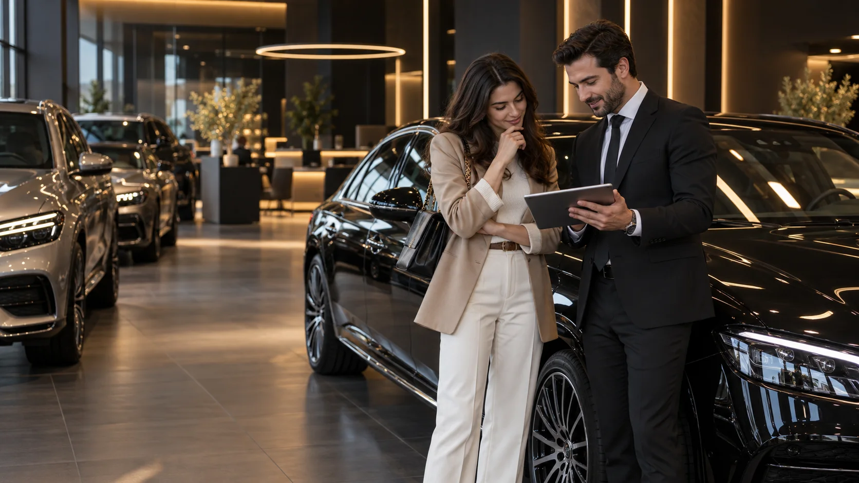 Showroom’da araç sahibiyle görüşen satış danışmanı — yapay zekâ ile üretilmiş temsili görsel