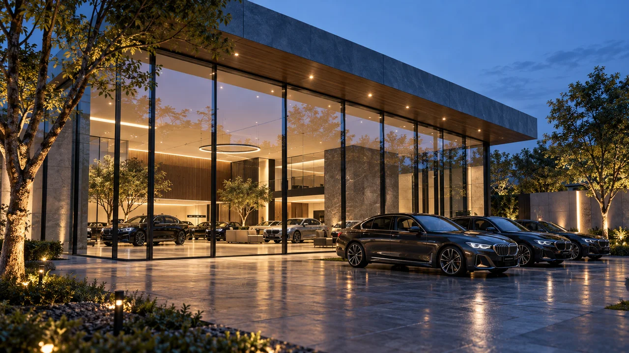 Showroom önündeki otomobiller — temsili yapay zekâ görseli